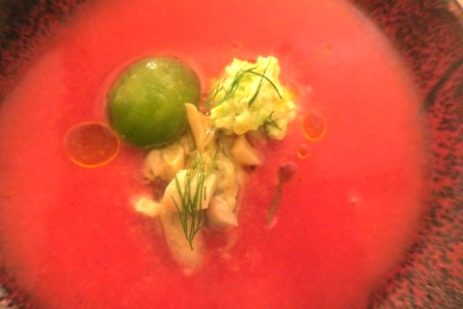 スイカのスープ。つぶ貝とミョウガのバター風味、枝豆のサワー風味、グリーントマトと。photo by じぶん